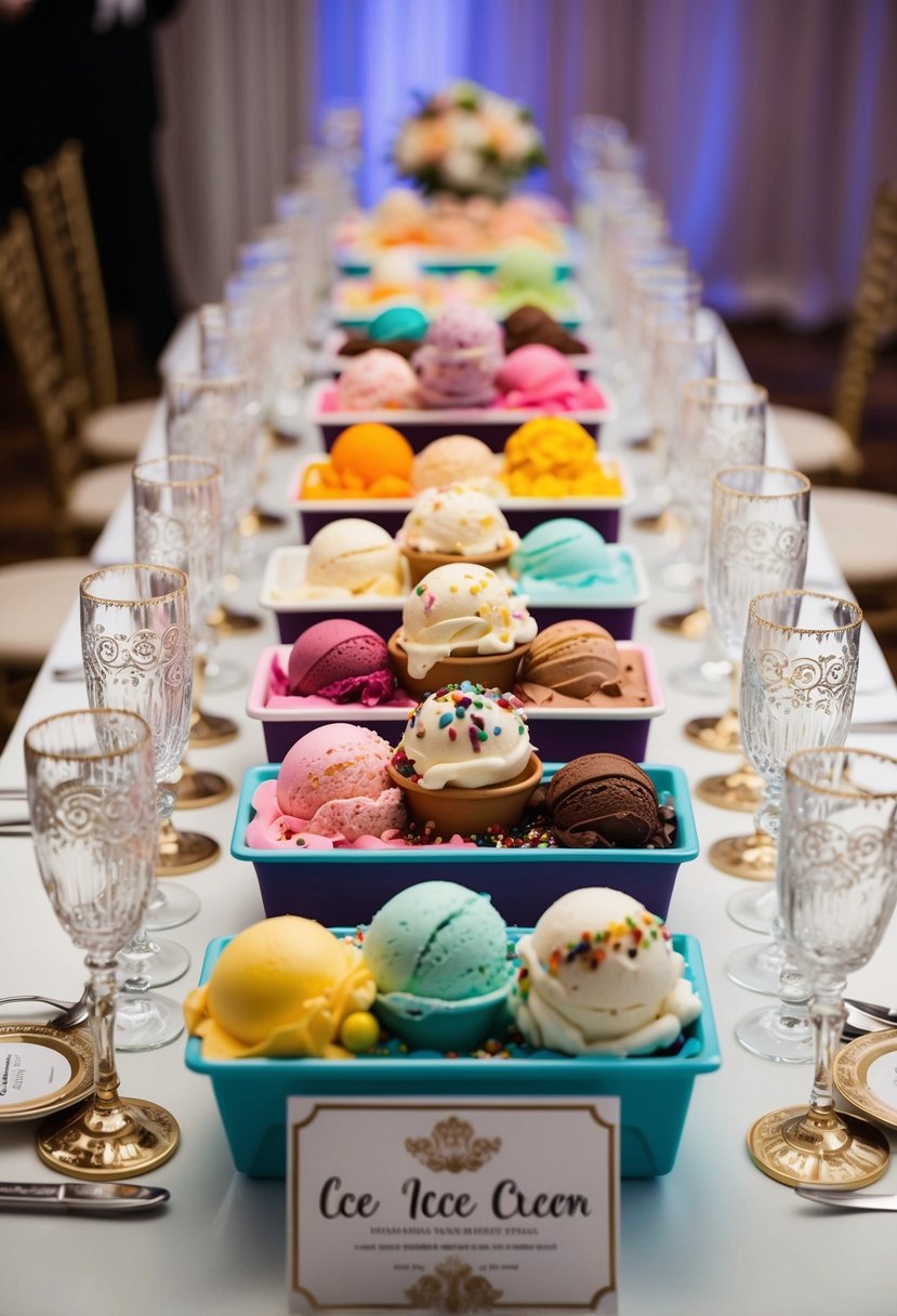 A colorful array of ice cream flavors and toppings, surrounded by elegant glassware and decorative signage, set up on a table at a wedding reception