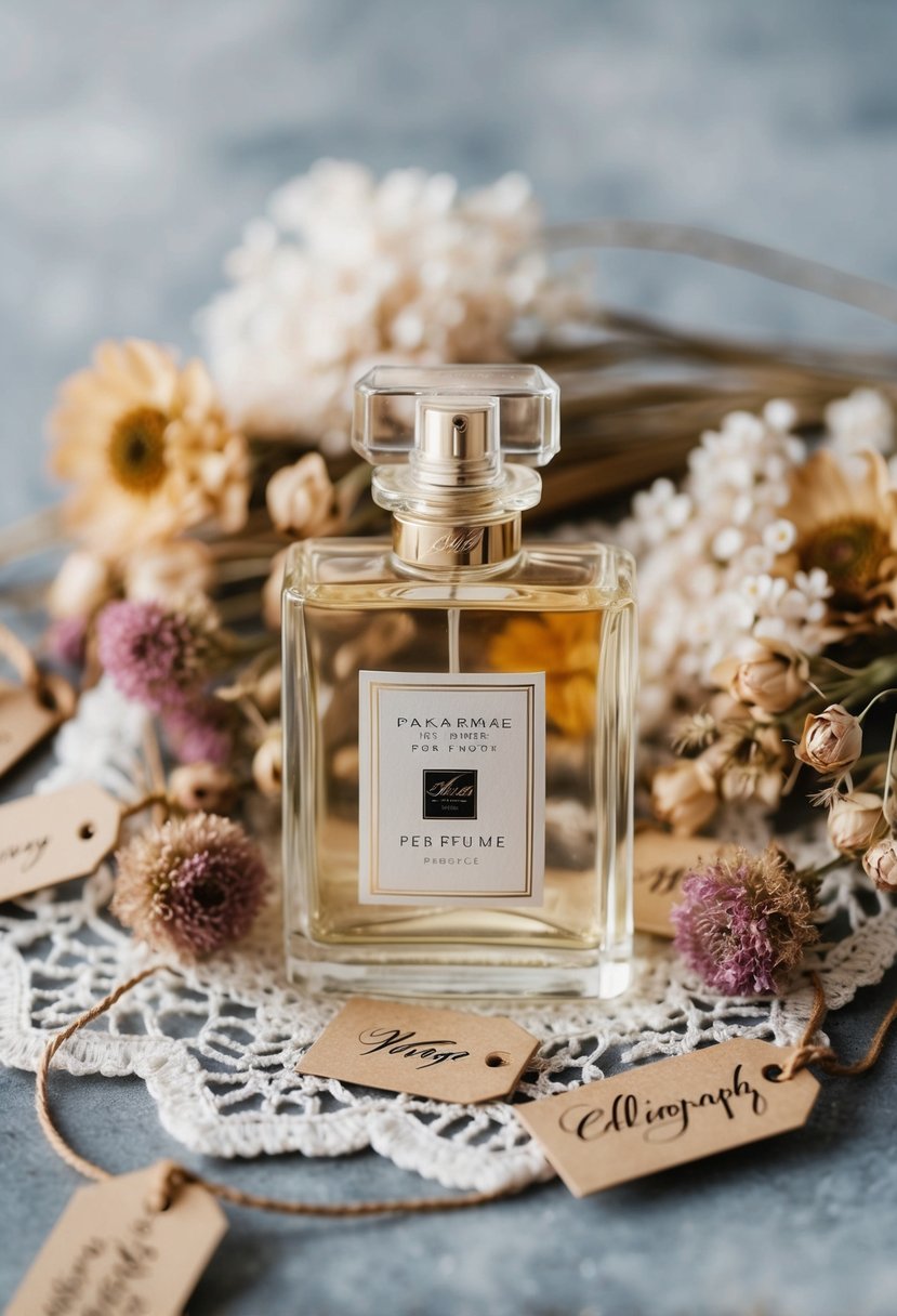 A vintage-inspired perfume bottle surrounded by delicate lace, dried flowers, and elegant calligraphy tags