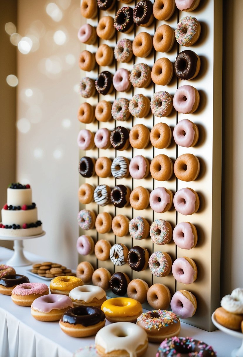 A decorative wall filled with assorted donuts and toppings for a wedding dessert station