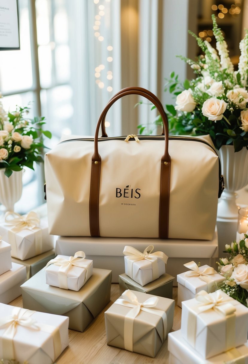 A beautifully wrapped BÉIS Weekender Bag sits among a display of elegant wedding gift ideas, ready to be presented to the bride-to-be