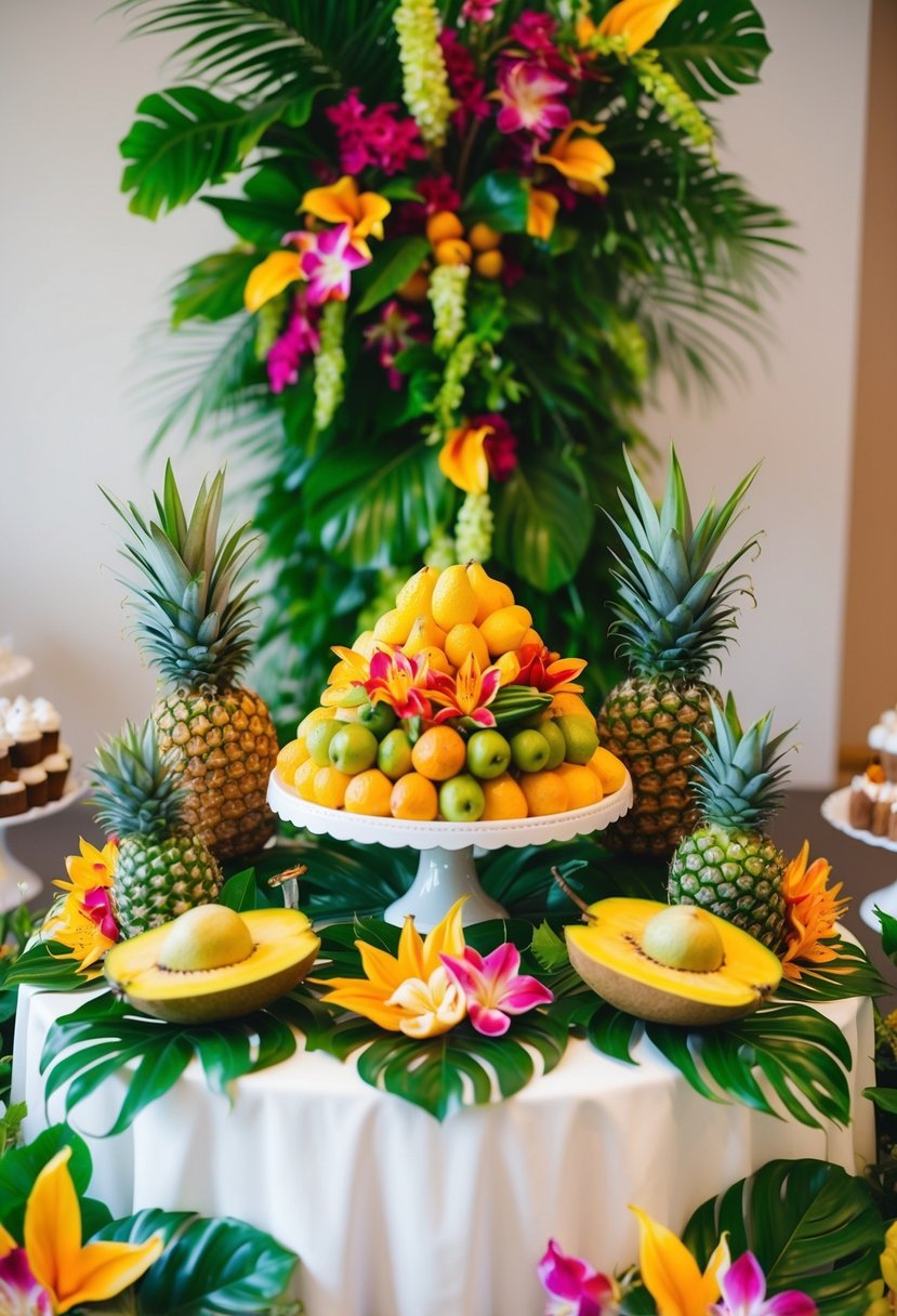 A vibrant display of tropical fruits, surrounded by lush greenery and colorful flowers, set up on a beautifully decorated dessert station at a wedding