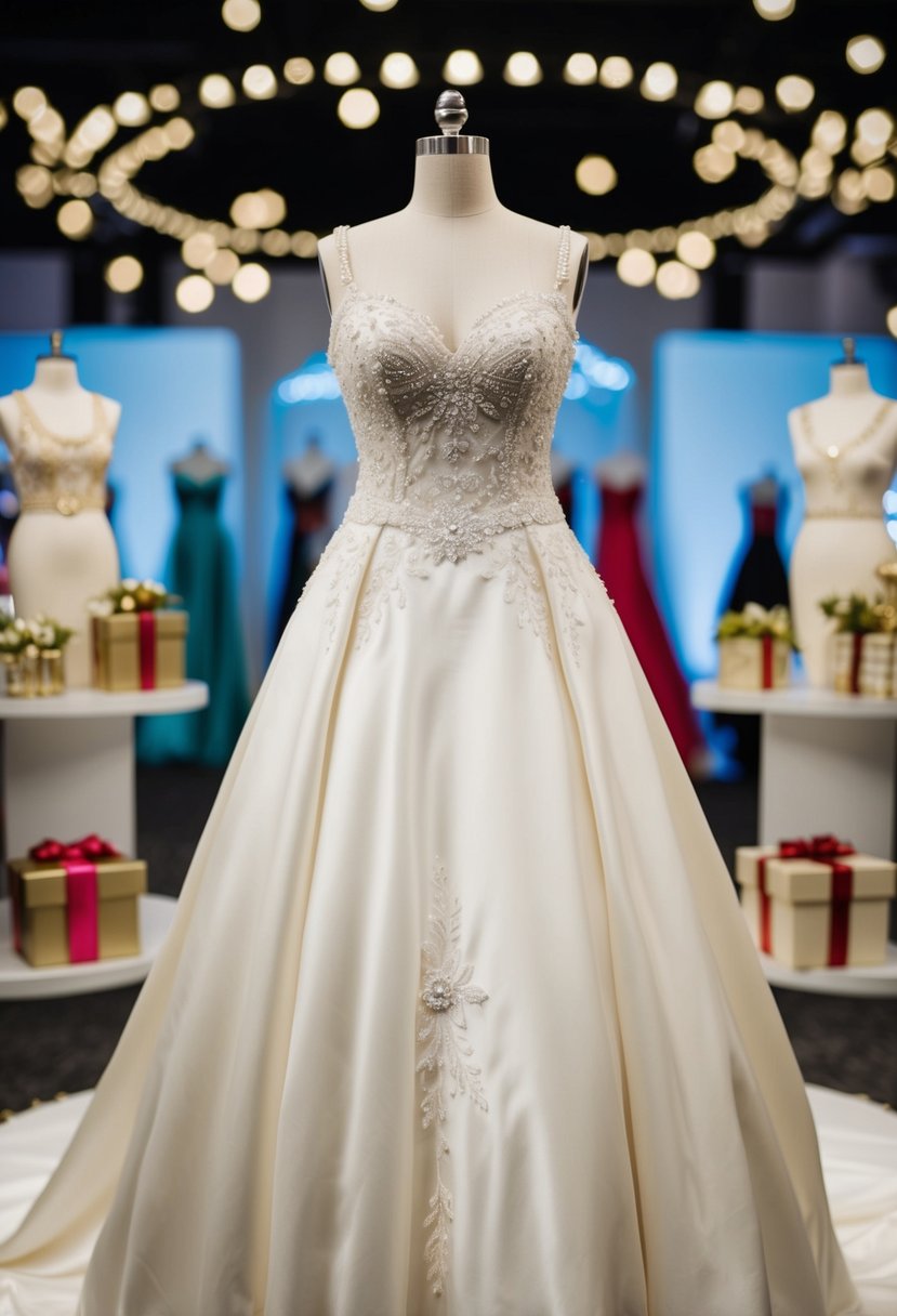 A pearl-white wedding dress displayed with elegant accessories and gift options