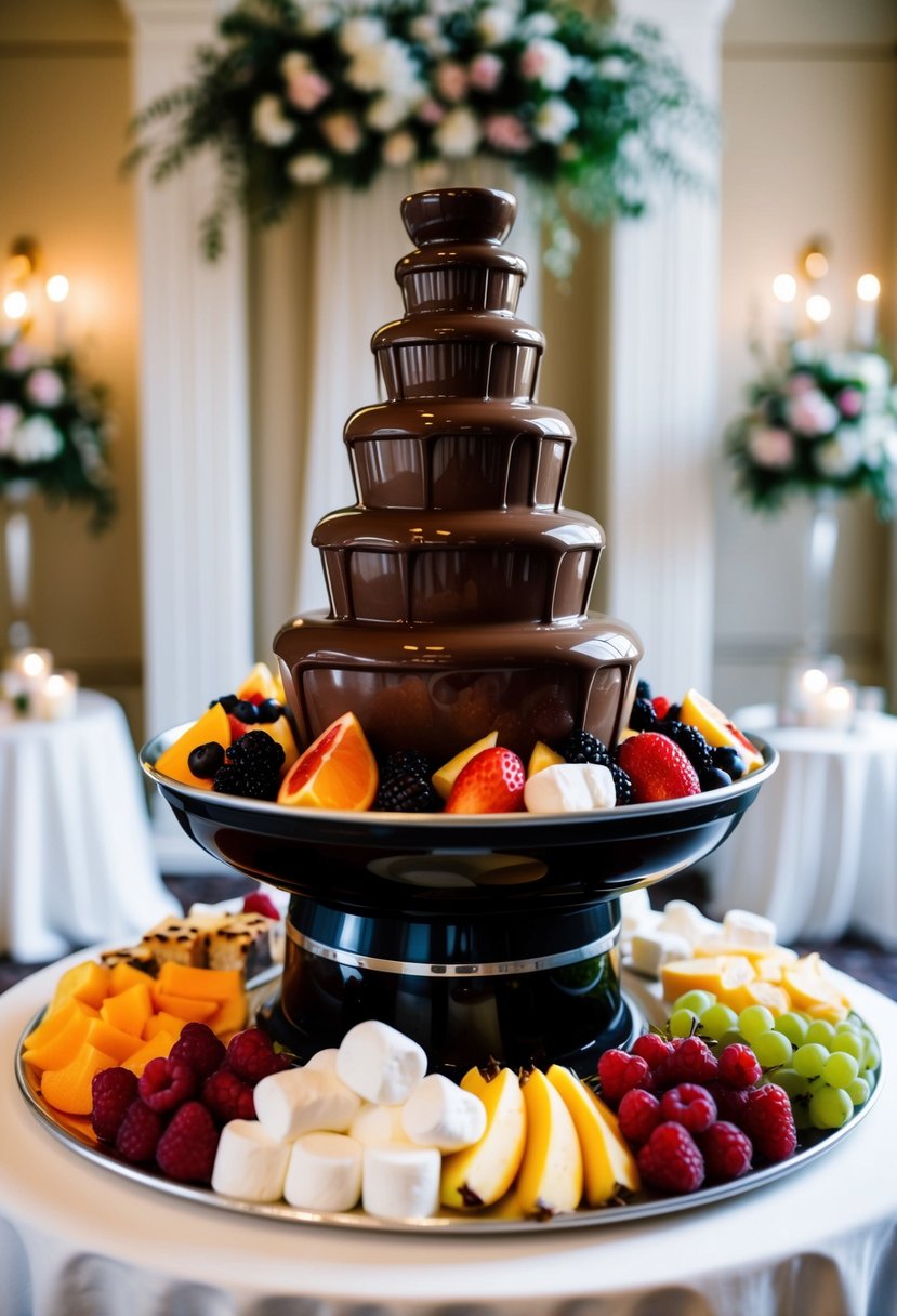 A decadent chocolate fountain surrounded by assorted fruits, marshmallows, and pastries, set against a backdrop of elegant wedding decor