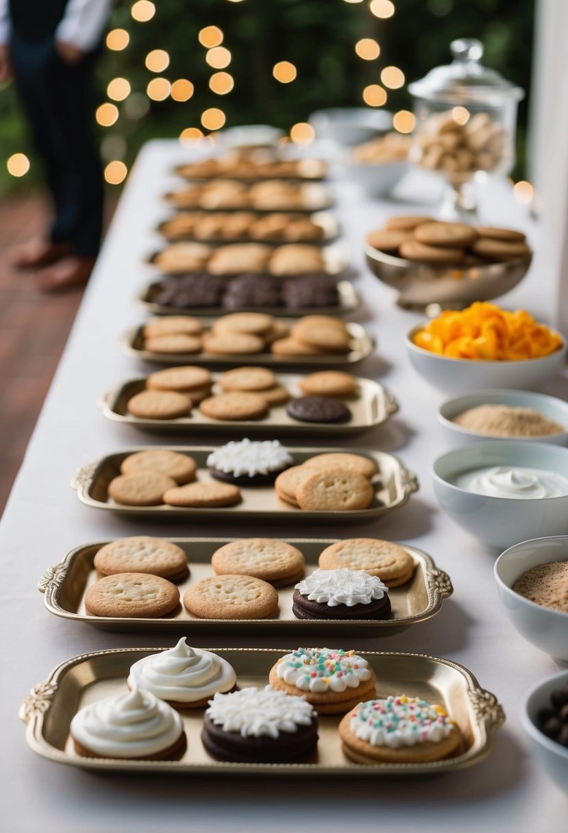 A table with assorted cookies, icing, and toppings for decorating at a wedding dessert station