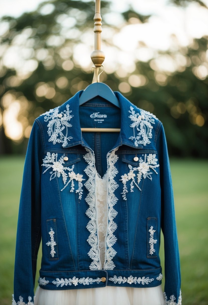 A denim jacket adorned with personalized embroidery, delicate lace, and intricate beadwork, symbolizing a unique and thoughtful wedding gift for the bride-to-be