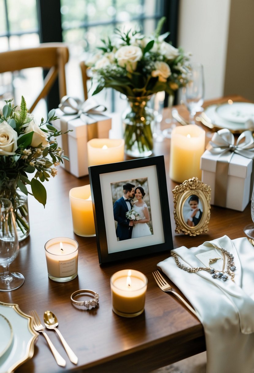 A table set with various wedding gift ideas: elegant jewelry, scented candles, silk robe, and a personalized photo frame