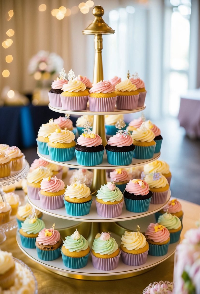 A festive carousel of assorted cupcakes, adorned with pastel frosting and delicate decorations, spins on a tiered display at a wedding dessert station