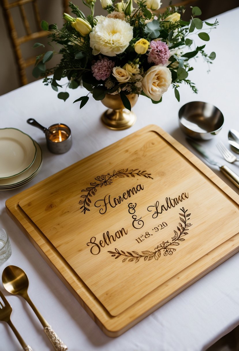 A beautifully engraved cutting board with the couple's names and wedding date, surrounded by elegant kitchen utensils and a bouquet of flowers