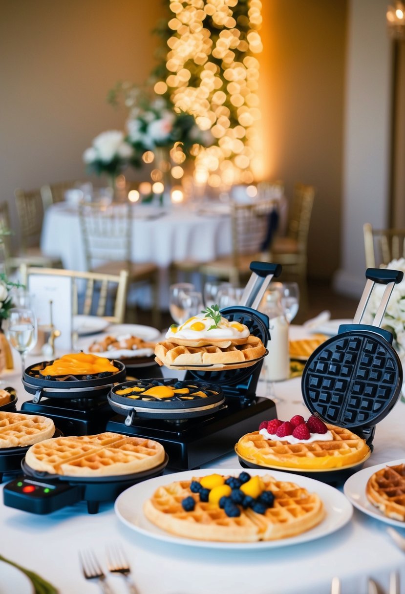 A colorful array of waffle irons, toppings, and syrups sit on a decorated table, surrounded by elegant wedding decor