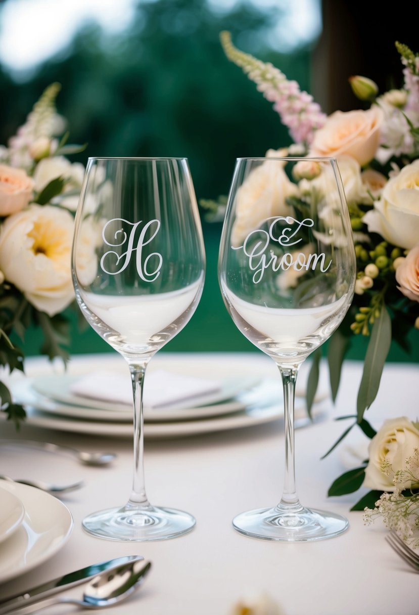 A table set with two elegant wine glasses, each personalized with the initials of the bride and groom, surrounded by delicate floral arrangements