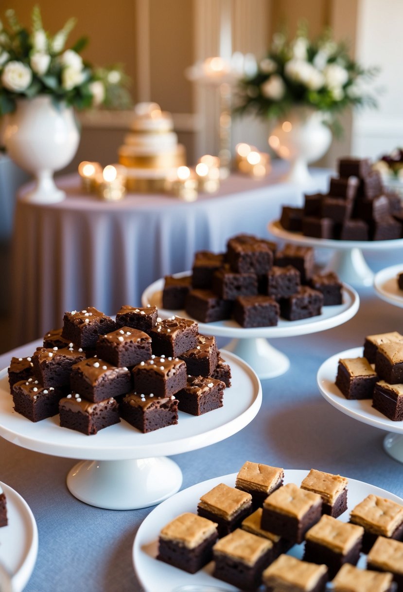 A lavish spread of assorted brownies displayed on elegant platters at a wedding dessert station