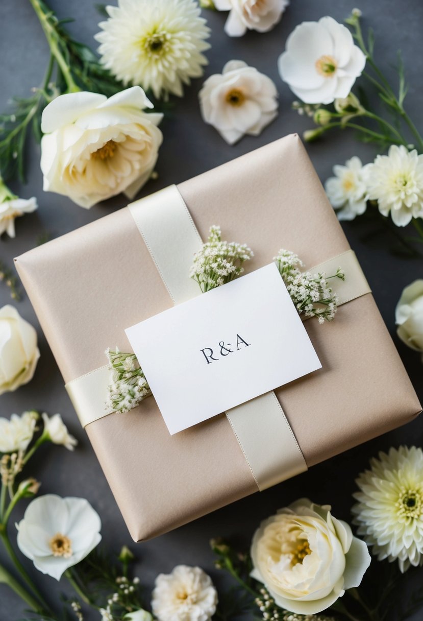 A beautifully wrapped gift box surrounded by delicate flowers and elegant ribbons, with a card bearing the couple's initials