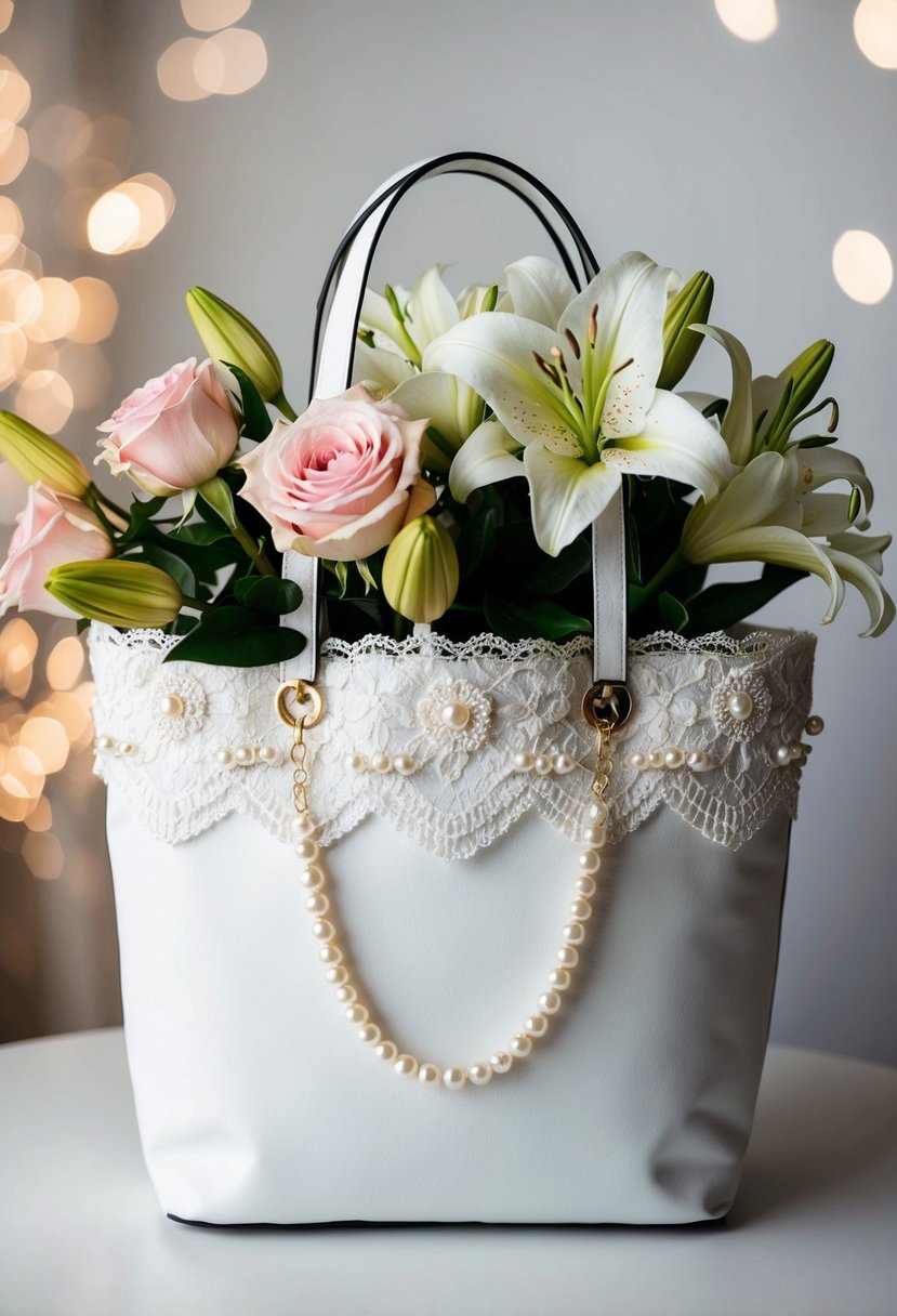 A white tote bag adorned with delicate lace and pearls, a bouquet of roses and lilies tucked inside