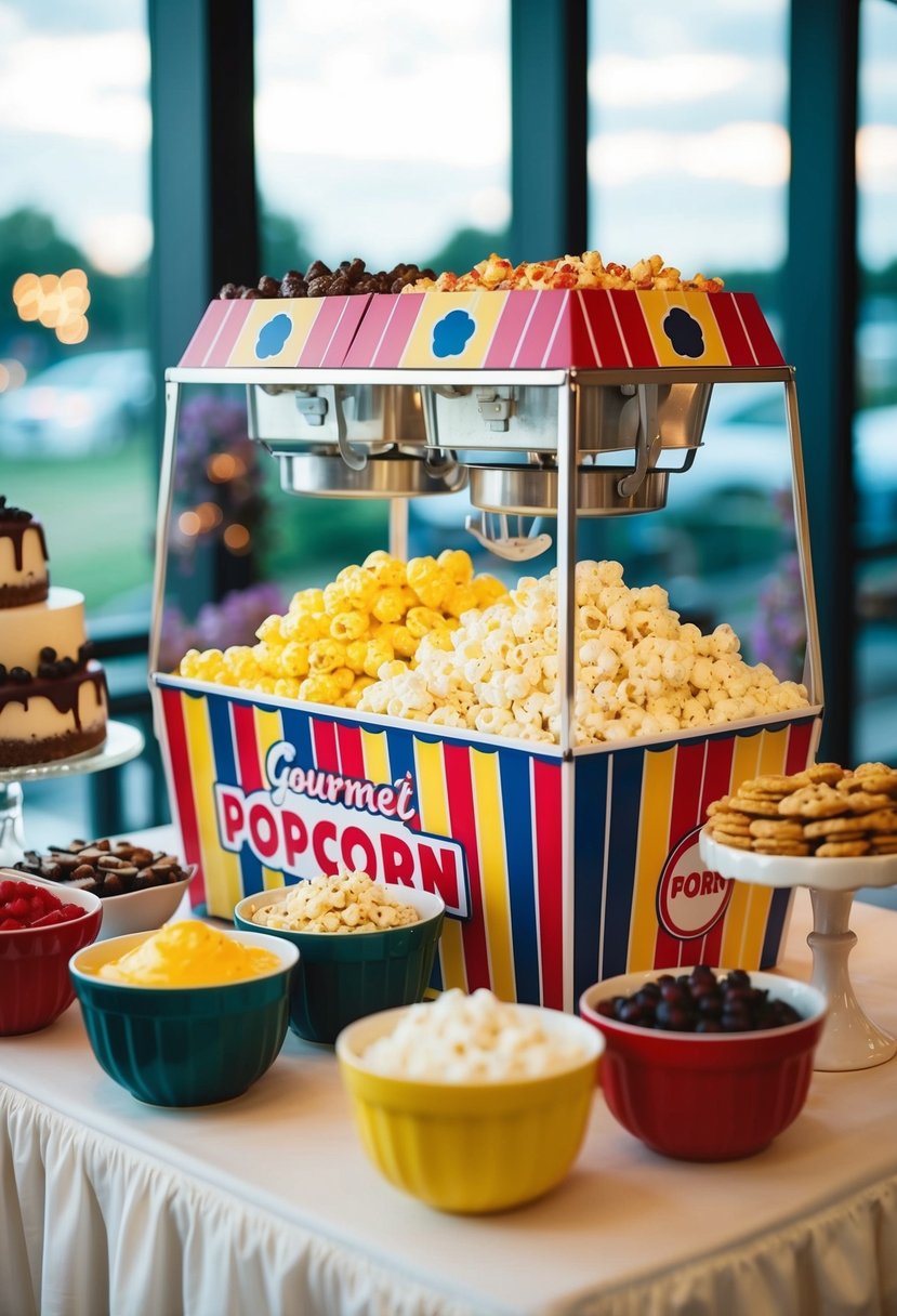 A colorful gourmet popcorn stand at a wedding dessert station, with various flavors and toppings displayed on a decorated table