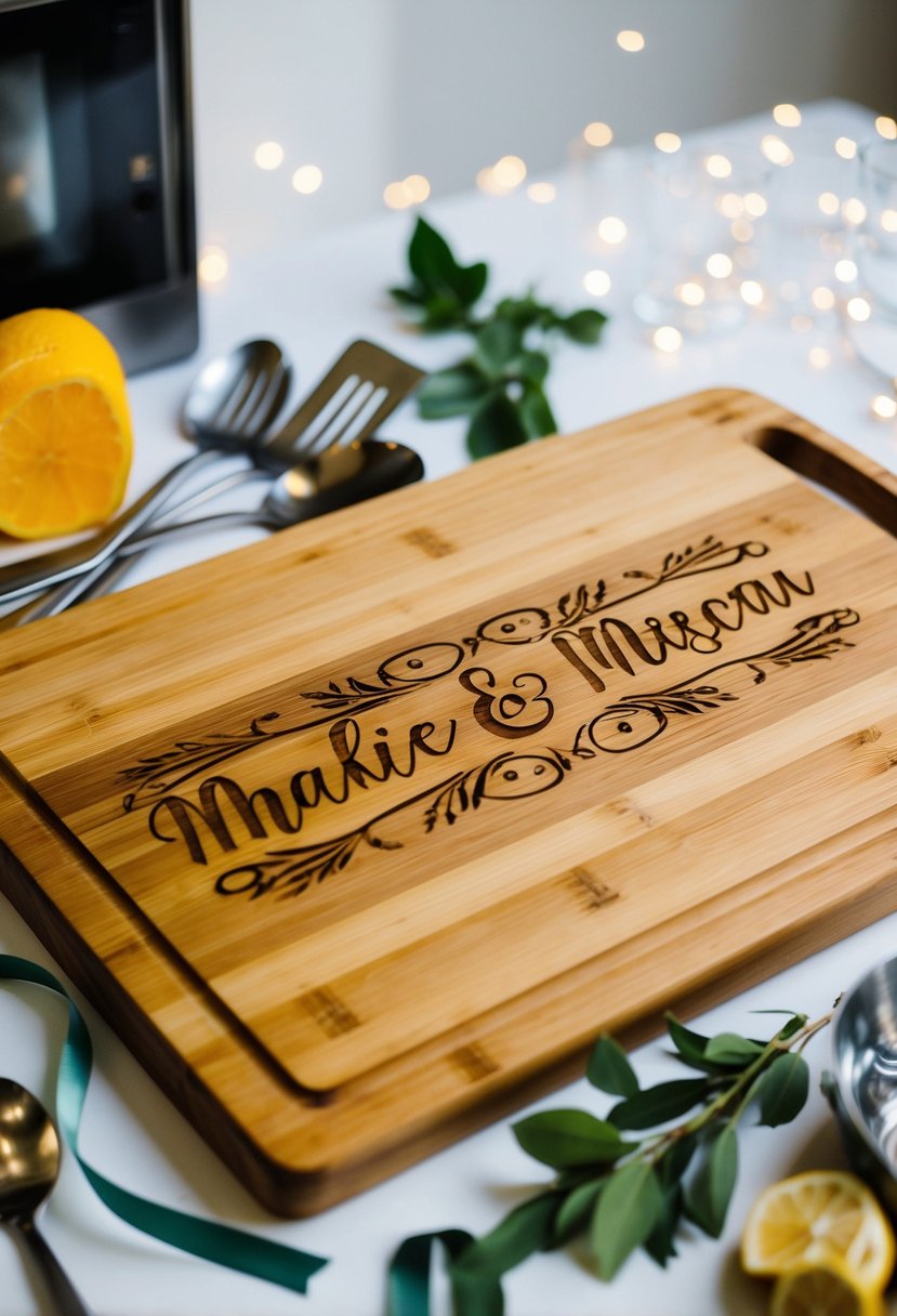 A wooden cutting board with the names of a couple carved into it, surrounded by kitchen utensils and a ribbon