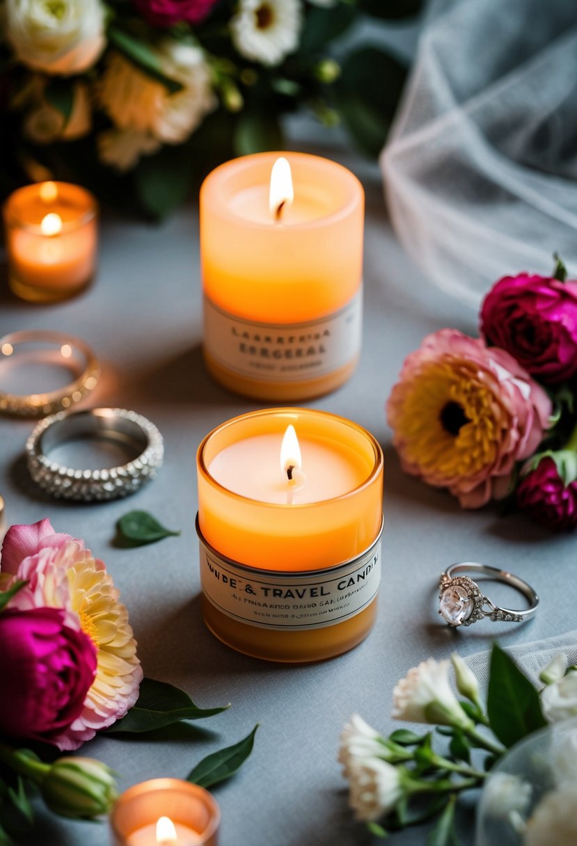 A glowing travel candle surrounded by wedding-themed items like a veil, flowers, and a ring, creating a romantic and celebratory atmosphere