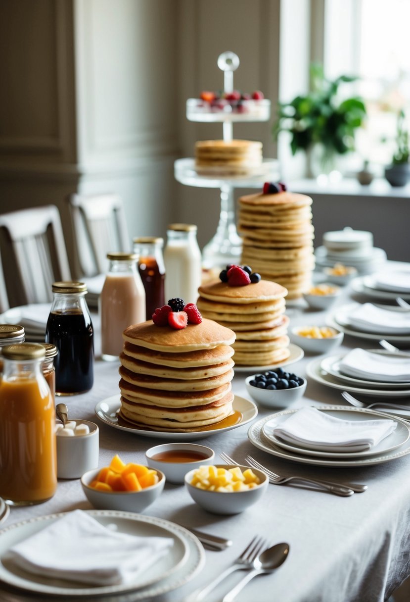 A table adorned with a variety of pancake stacks, surrounded by jars of toppings and syrup, with elegant plates and utensils set out for guests