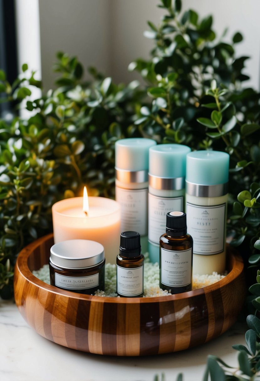 A serene spa gift set arranged with candles, bath salts, and essential oils on a polished wooden tray, surrounded by lush greenery