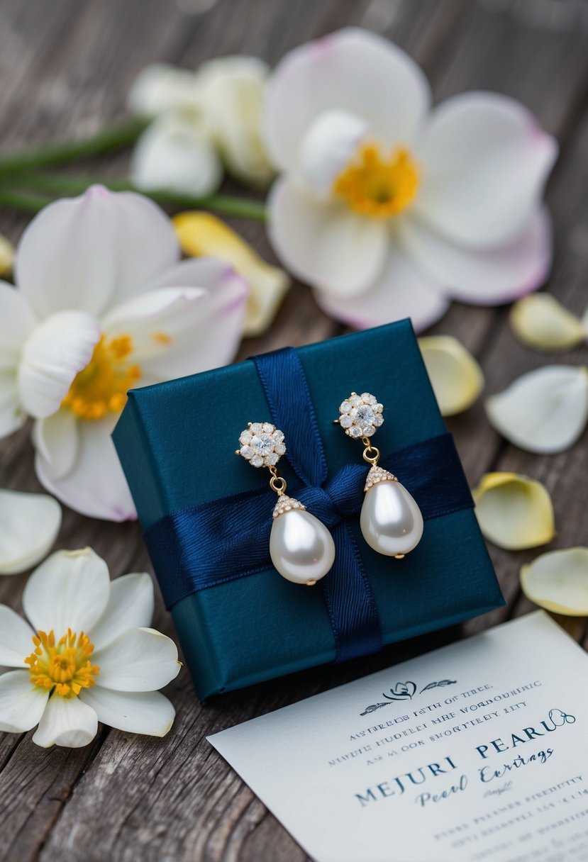 A beautifully wrapped box containing Mejuri Pearl Drop Earrings, surrounded by delicate flower petals and a wedding invitation