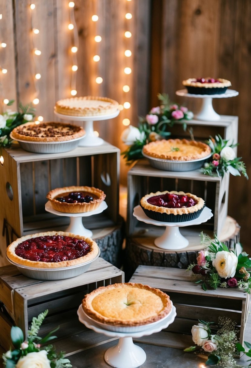 A rustic dessert station featuring a variety of gourmet pies displayed on wooden crates and vintage cake stands. Fairy lights and floral arrangements add a romantic touch