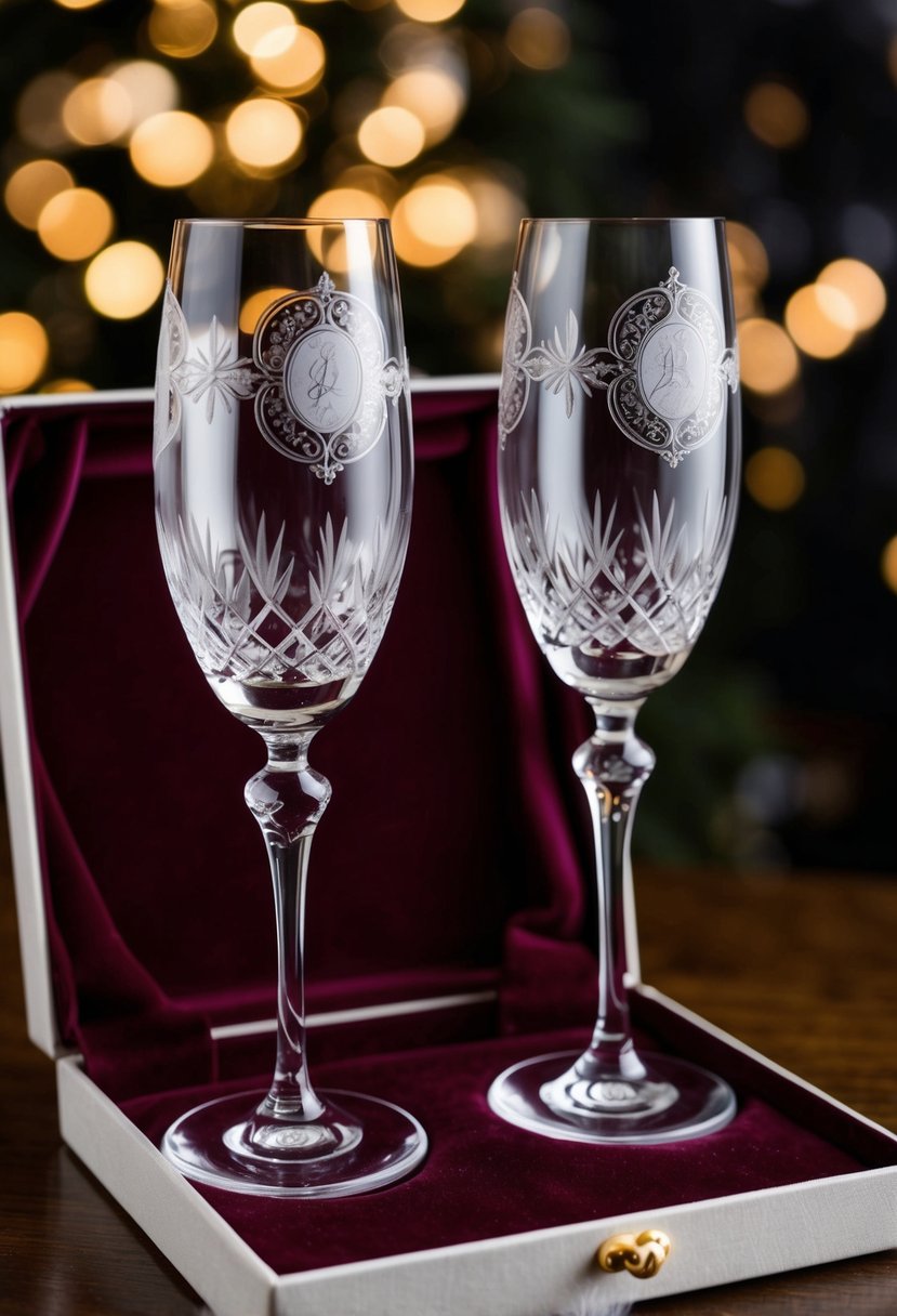 Two elegant champagne flutes with intricate engravings, nestled in a velvet-lined gift box