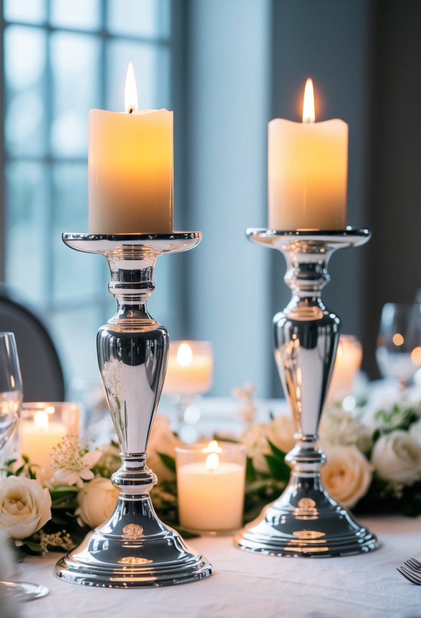 Two elegant sterling silver candlestick holders arranged on a white tablecloth, surrounded by soft candlelight and delicate floral decor