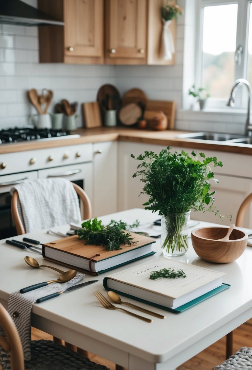 A cozy kitchen scene with a table set for two, featuring personalized recipe books, cooking utensils, and a bouquet of fresh herbs