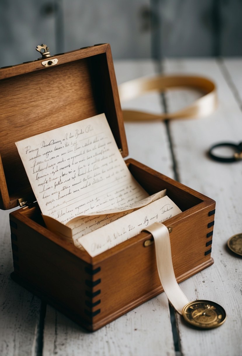 A vintage wooden keepsake box filled with handwritten love letters, tied with a ribbon