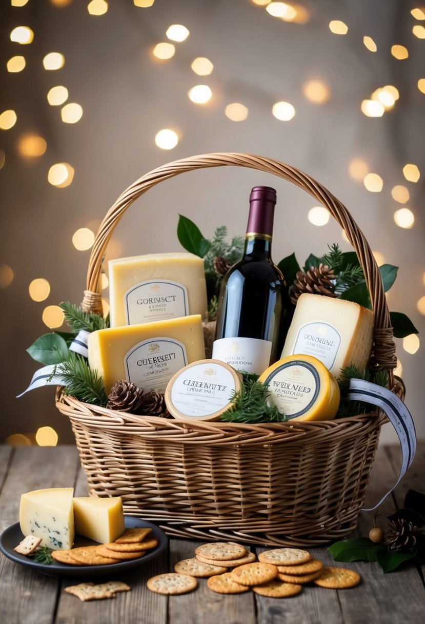 A wicker basket filled with an assortment of gourmet cheeses, crackers, and a bottle of wine, adorned with ribbon and decorative foliage