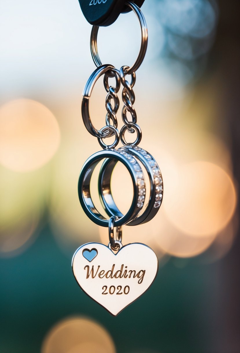 A pair of intertwined wedding rings dangling from a keychain, with a heart-shaped charm and the wedding date engraved on it