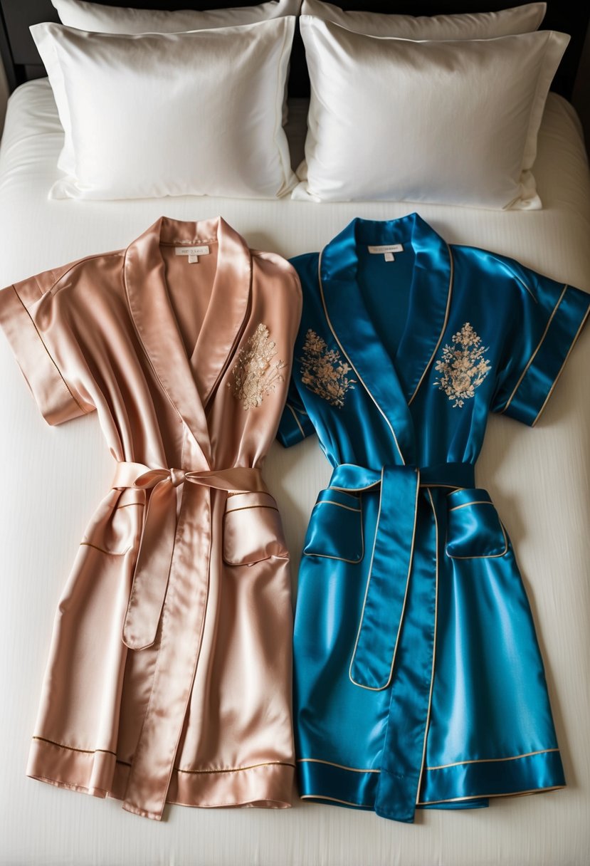 A luxurious silk robe set laid out on a bed, with two robes in coordinating colors and delicate embroidery