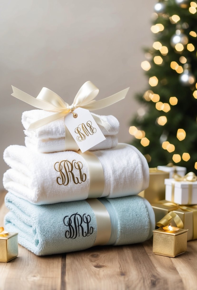 A stack of monogrammed bath towels arranged with a ribbon and a gift tag