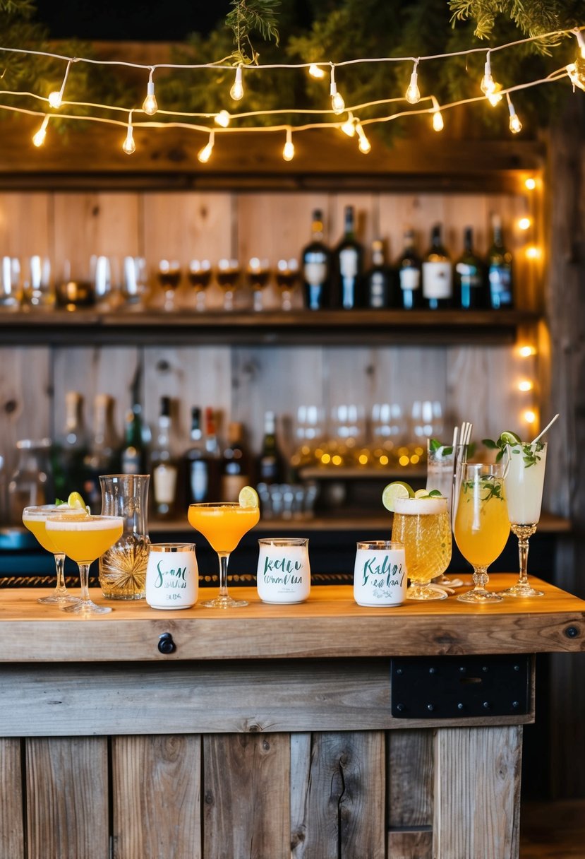 A rustic wooden bar adorned with fairy lights and vintage glassware, serving craft cocktails and personalized drink options for a unique wedding celebration