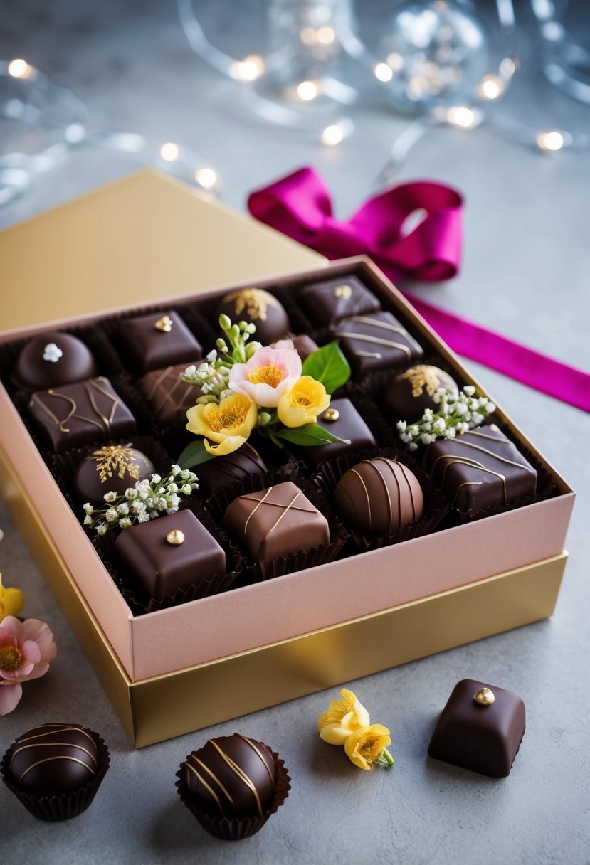 A beautifully wrapped gift box filled with artisanal chocolates and adorned with elegant ribbons and floral accents