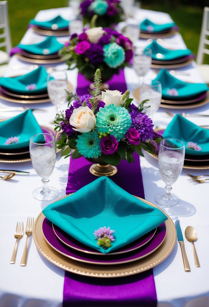 A vibrant wedding table setting with purple and teal floral centerpieces, matching napkins, and elegant place settings