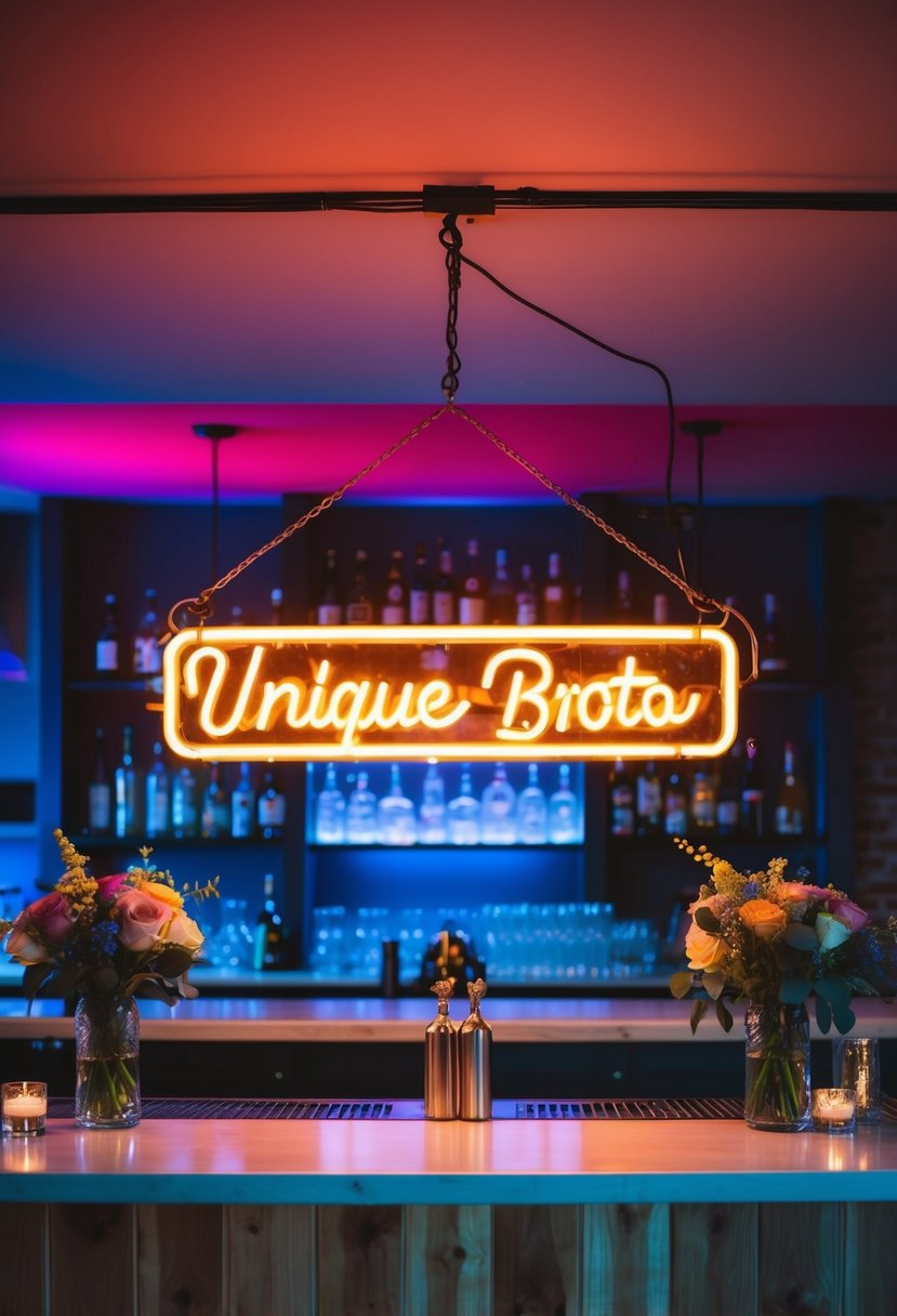 A neon sign hangs above the bar, casting a colorful glow over the unique wedding setup