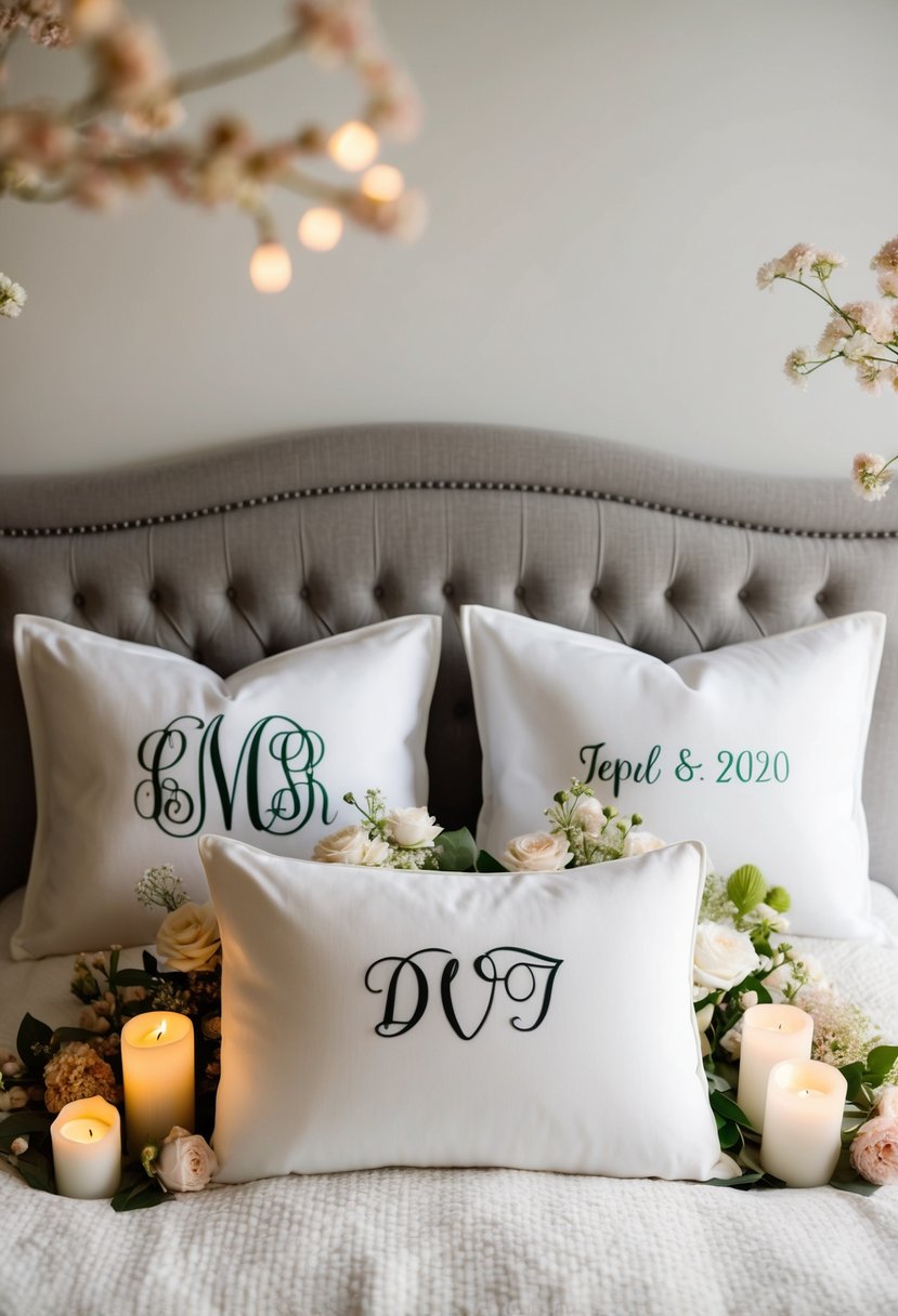 A cozy bed with personalized pillows, one with a monogram and the other with a wedding date, surrounded by delicate flowers and romantic candles