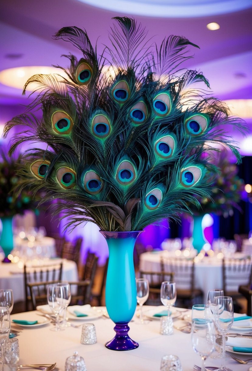 A table adorned with peacock feather centerpieces in shades of purple and teal, creating a vibrant and elegant atmosphere for a wedding celebration