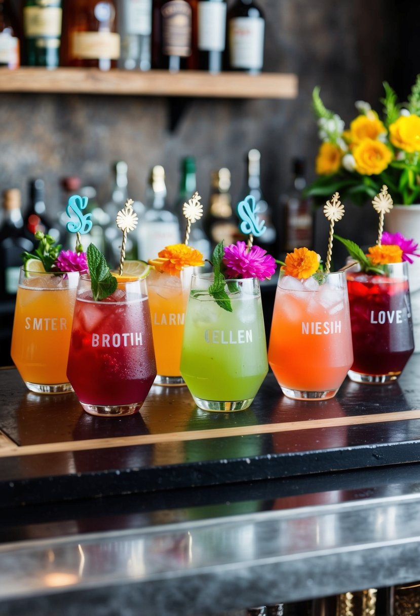 Colorful cocktails arranged on a rustic bar, each named after a loved one. Personalized drink stirrers and floral garnishes add a special touch