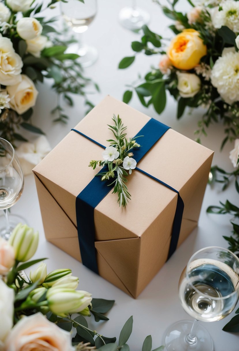 A beautifully wrapped wine subscription box surrounded by elegant wedding decor and floral arrangements