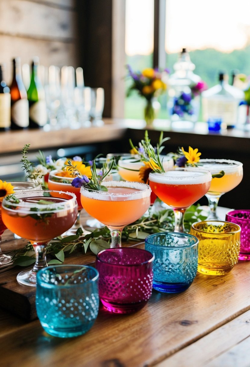 Thrifted glassware arranged on a rustic wooden bar, filled with colorful cocktails and adorned with wildflower garnishes, creating a unique wedding bar display