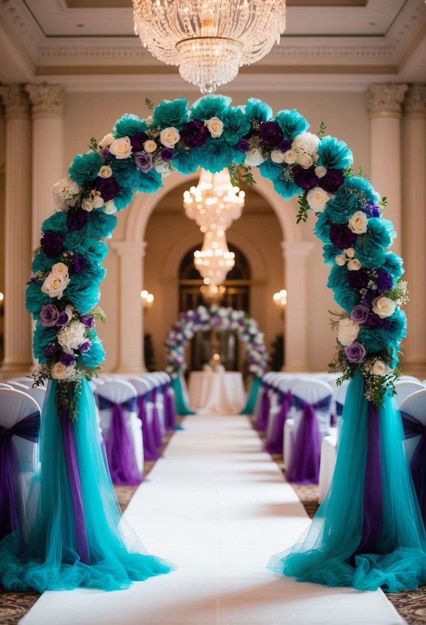 A grand archway adorned with teal and purple tulle, creating a dreamy and romantic setting for a wedding celebration