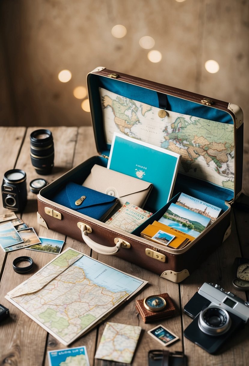 A vintage suitcase filled with maps, postcards, and travel souvenirs sits open on a wooden table, surrounded by a scattering of old-fashioned travel accessories