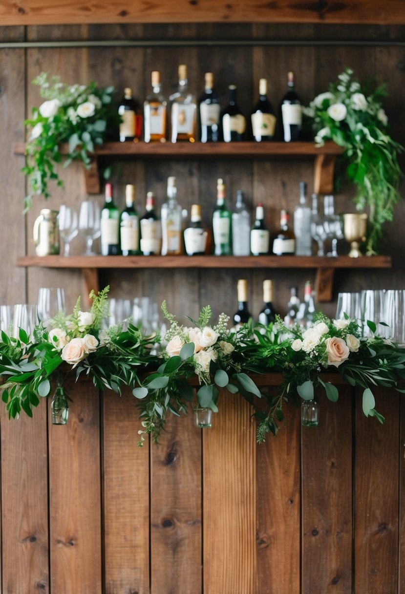 A rustic wooden bar adorned with fresh greenery and floral arrangements