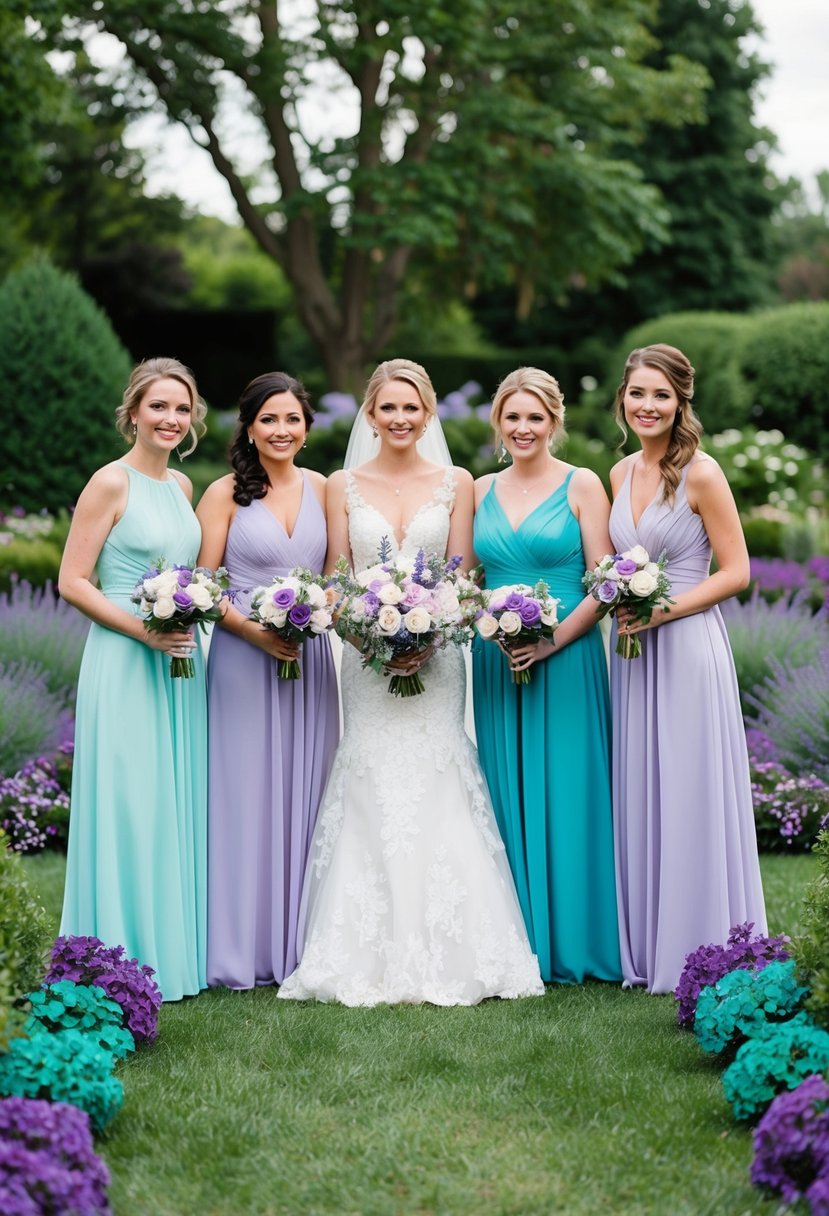 A garden wedding with lavender and aqua bridesmaid dresses, surrounded by purple and teal flowers and decor