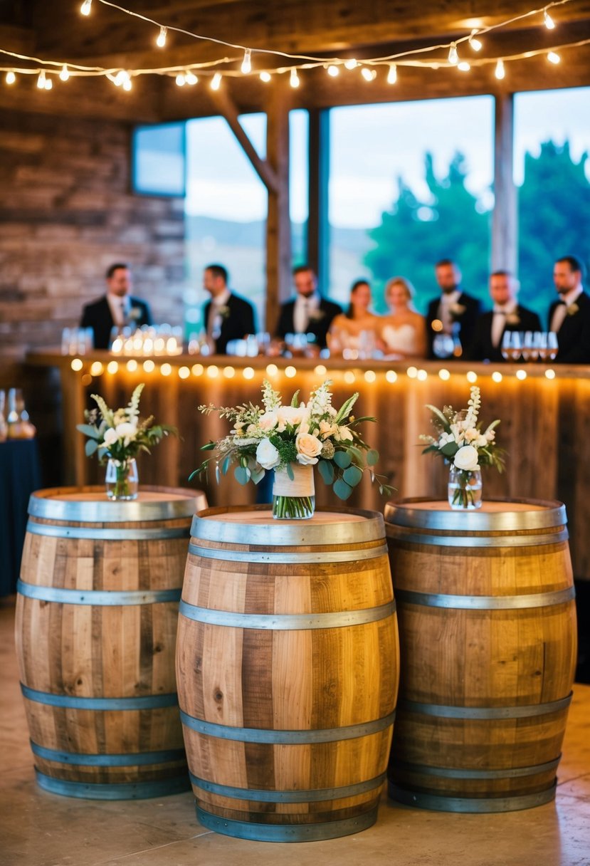 Wooden barrels arranged as a rustic wedding bar, adorned with flowers and string lights