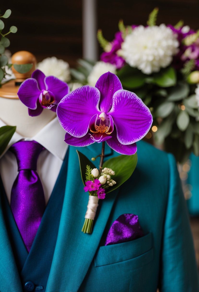 A vibrant violet orchid boutonniere pinned to a teal suit lapel, surrounded by matching floral decor and color-coordinated wedding details