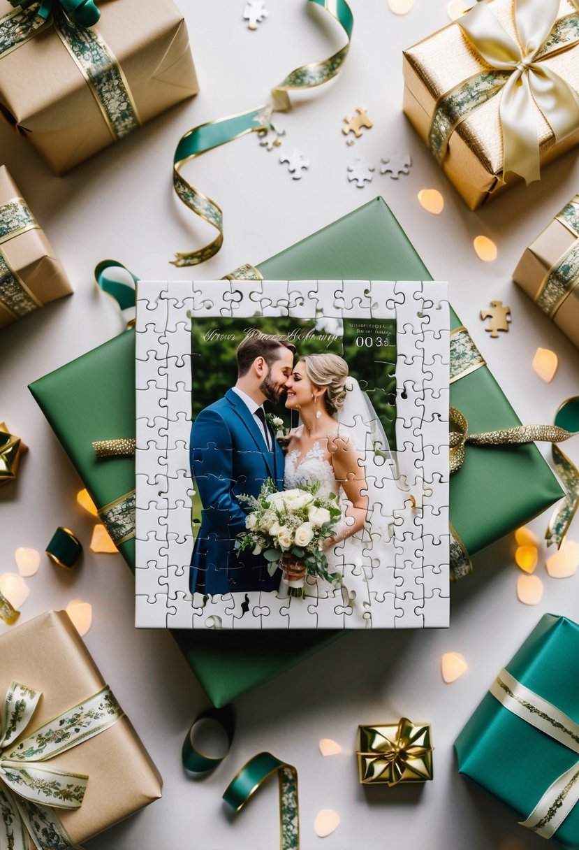 A unique puzzle featuring a wedding photo surrounded by elegant gift wrapping and decorative ribbons