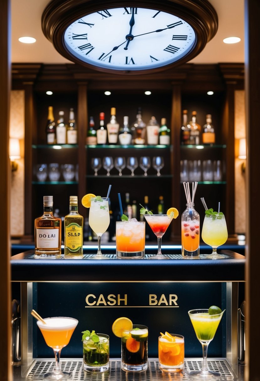 An open bar with a variety of drinks and cocktails, surrounded by elegant decor. A clock shows the set time when it switches to a cash bar