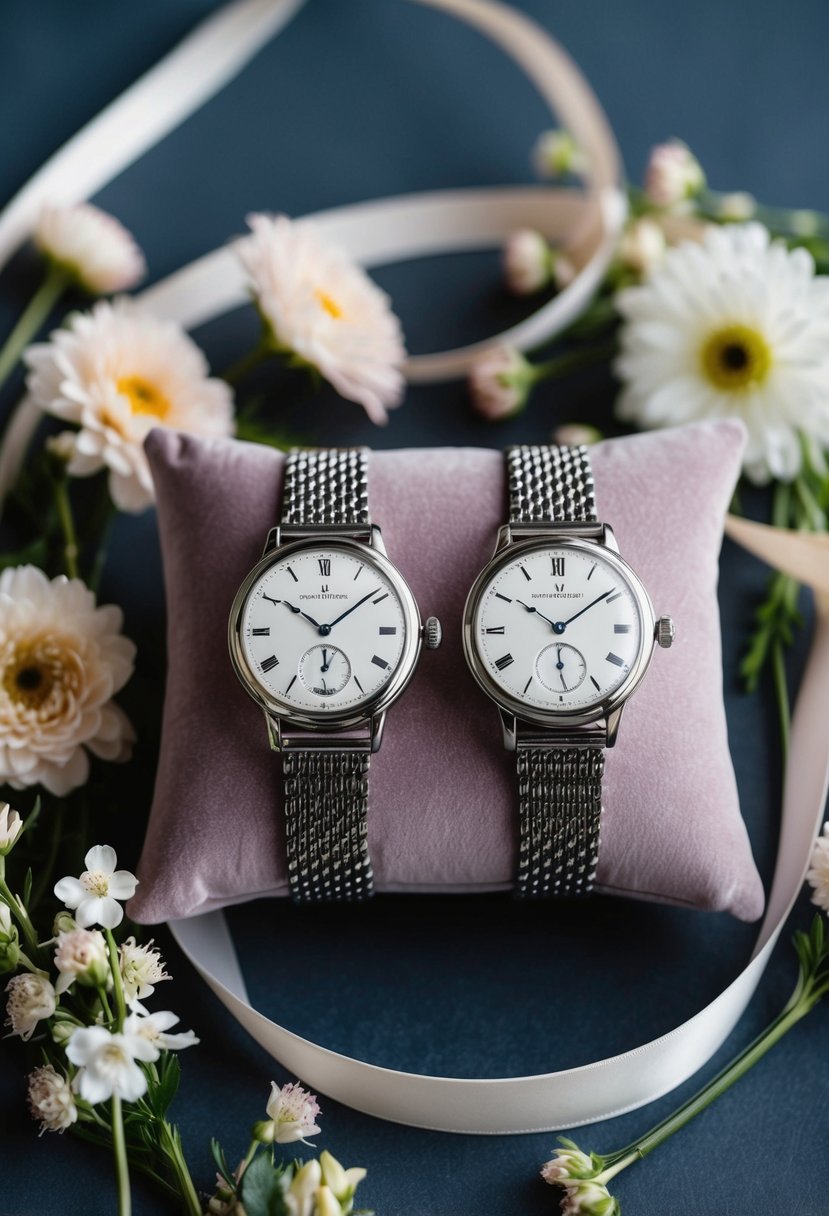 Two elegant watches side by side on a velvet cushion, surrounded by delicate flowers and a ribbon